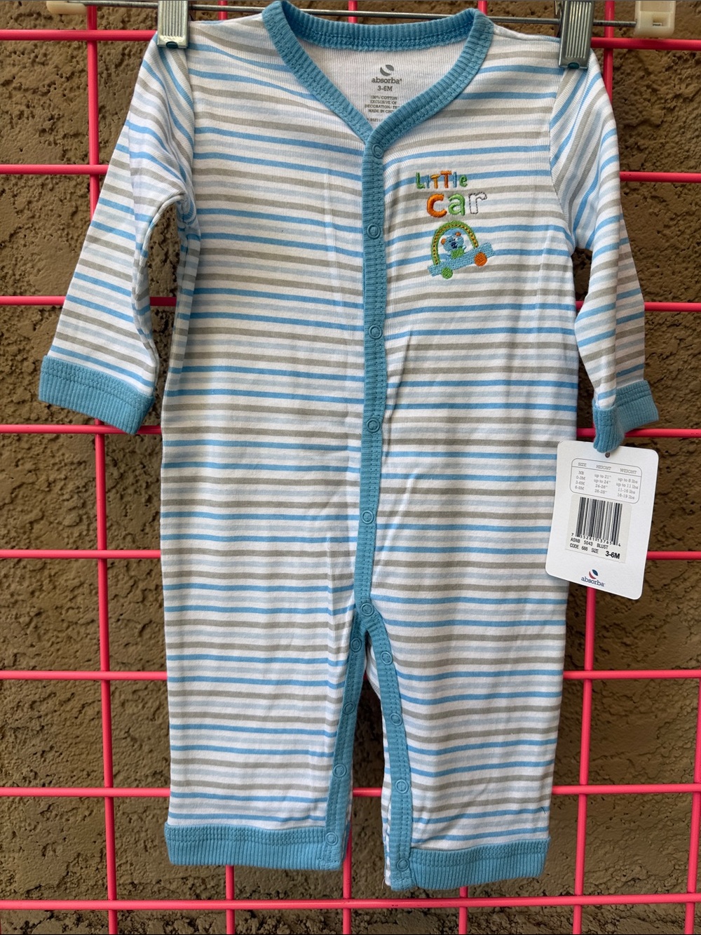 New Vintage Absorba Blue & White Striped Baby Footie with 'Little Car' Accent